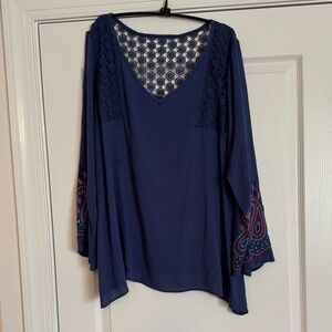 Boutique purchase, Women’s Navy Blue Lace-Back Peasant Blouse